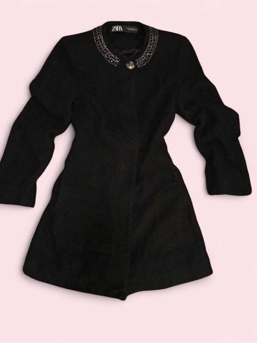 ZARA Black tweed coat with Embellished Neckline